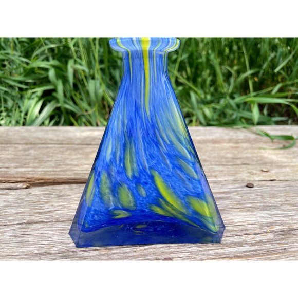 Vintage 1960s MCM Art Glass Petite Decanter Blue Yellow Swirl - Picture 5 of 16